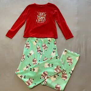 Holiday themed girls long sleeve shirt red and a snowman fleece long pants bundl